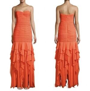 NWT Halston Heritage Size 14 Strapless Pleated Ruffle Orange Evening Gown Dress
